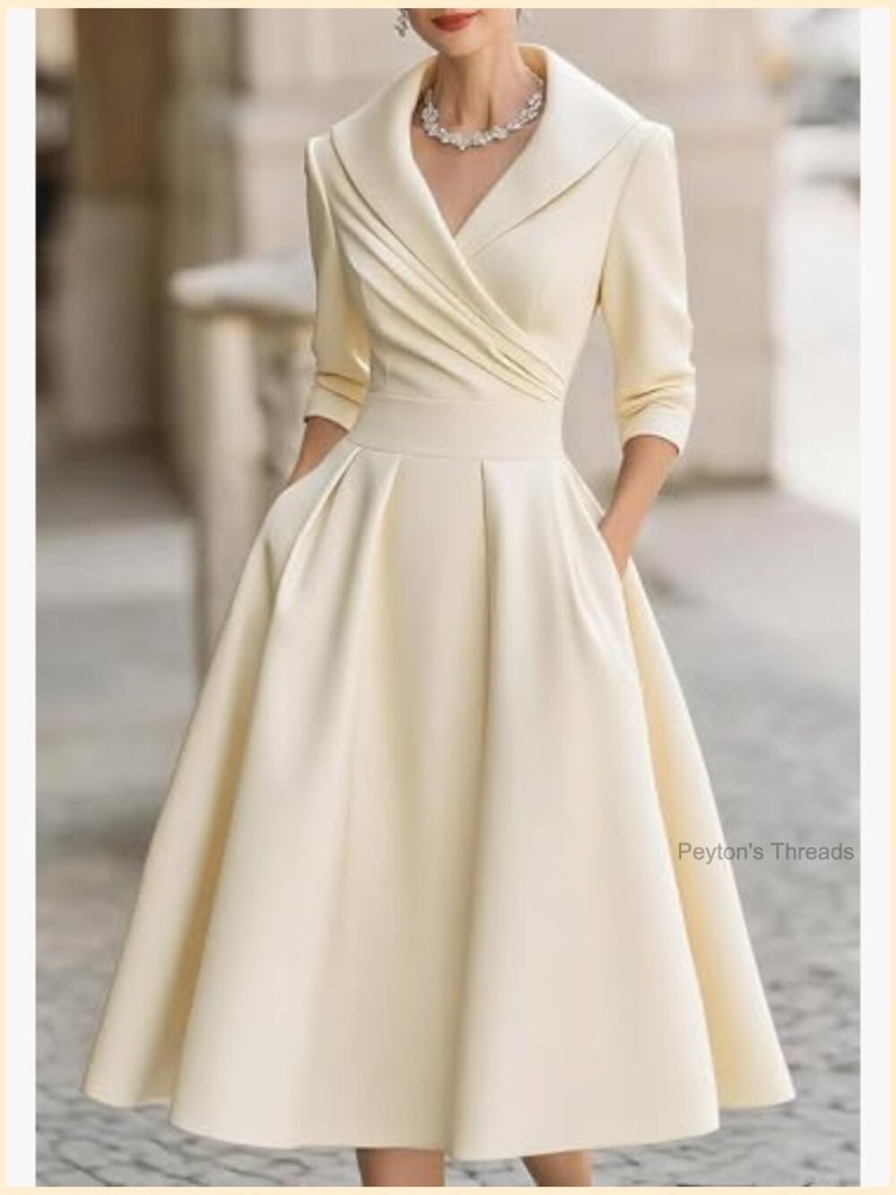 Satin Wrap Dress with 3/4 Sleeves and Pockets - Picture 2 of 5